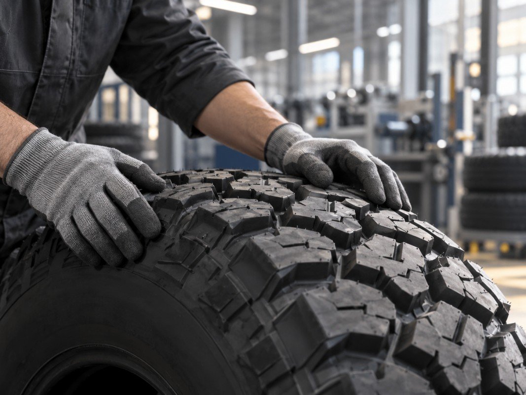 Close-up inspection of off-road tire tread